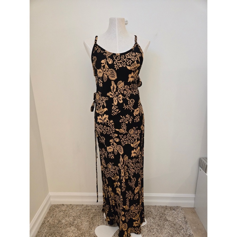 Zara Floral Print Wrap Maxi Dress Black Gold Sleeveless 2143/048/800 Womens L